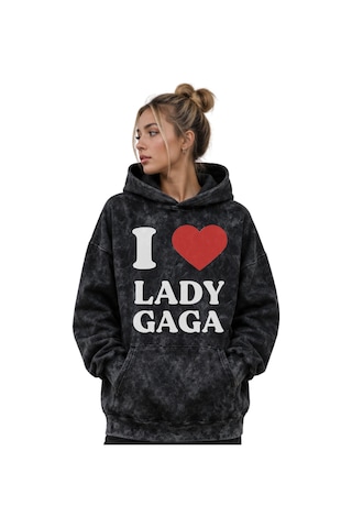 Sevbano Lady Gaga Şarkıcı Baskılı Unisex Oversize Yıkamalı Premium Hoodie Siyah
