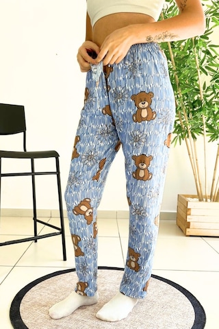 Dreamy Soft Kadife Dokulu Ayıcık Desenli Süet Pijama Altı Pantolon Mavi