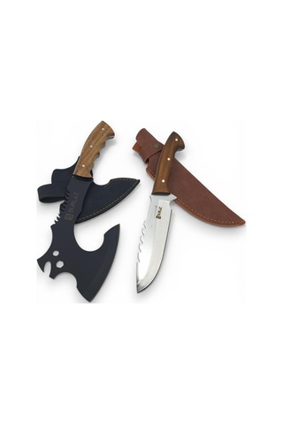 Surlaz Kamp Bıçak Seti, Ahşap Saplı Bıçak Ve Balta, Deri Kılıflı, Outdoor Set, Piknik Doğa Bıçak Seti