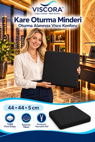 Visco Kare Oturma Minderi Ofis Koltuğu, Sandalye Ve Ev İçin Kaymaz Minder 44 44 5 Cm