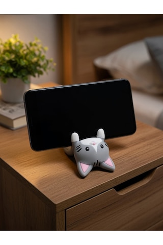 Gri Kedi Figürlü Telefon Tutucu Stand - 3d Baskı Ofis Masaüstü Aksesuarı Ve Biblo
