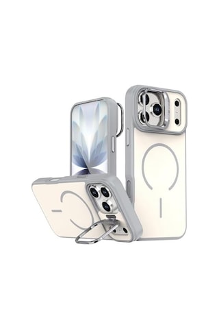 Apple iPhone 17 Pro Max İle Uyumlu Kilif Magsafe İle Uyumlu Kılıf Stand Özellikli Mıknatıslı Flexa Yüzük Tutuculu Iphone 17 Pro Max İçin Kılıf Darbe Emici Mat Arka Kapak Koruyucu Kılıf Beyaz