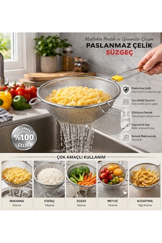 Oms Collection Ferro Tek Parça %100 Paslanmaz Çelik İnce Delikli Süzgeç 7501 - 18 Cm - Gümüş