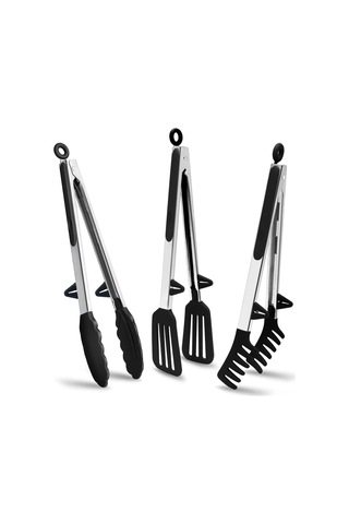 Springsun 3 Parça 30cm Paslanmaz Çelik Mutfak Kelepçesi, Silikon Uçlu Izgara, Makarna Ve Salata Bufetleri İçin Siyah