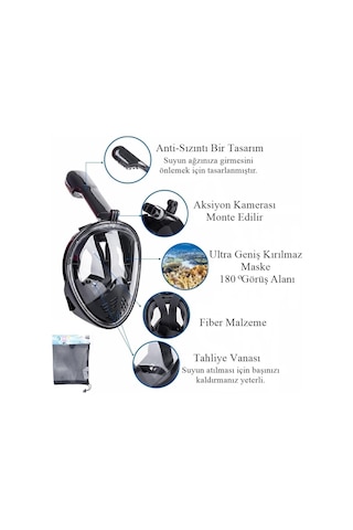 Sm Beden Siyah Tam Yüz Dalış Maskesi Su Altı Keşif Maskesi Slikon Şnorkel Full Face Mask Genel