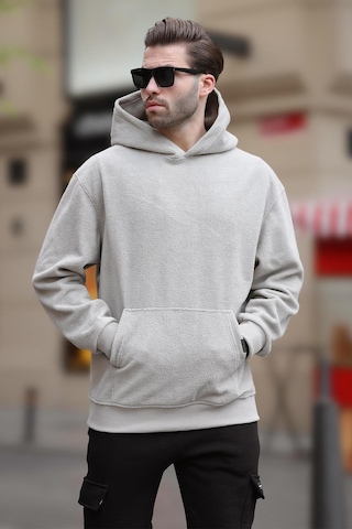 Madmext Boyalı Gri Kapüşonlu Cep Detaylı Polar Erkek Sweatshirt 7093 Gri