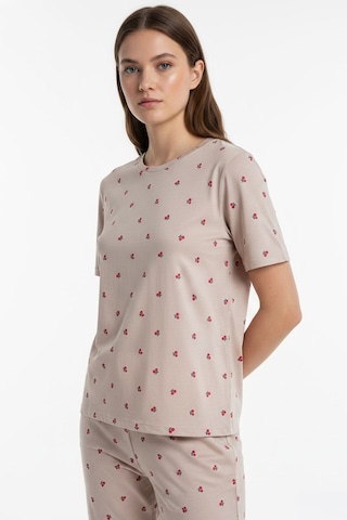 Kompedan Kadın Bisiklet Yaka Yumuşak Dokulu Küçük Kiraz Desenli Kısa Kol Pijama Takım Kahve 70132-4665