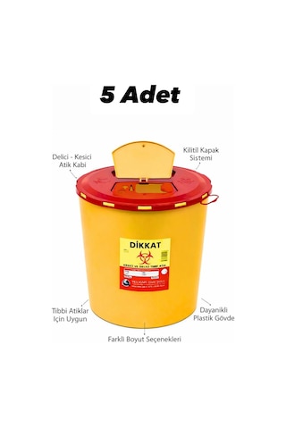 Tıbbi Atık Kovası, Enfekte Kovası Sarı Renk , Hijyenik Ve Güvenli Kullanım 5 Litre Tüm Adetler Sarı