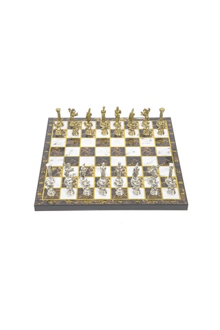 Lüks Metal Satranç Takımı Krom Kaplama Pegasus Atları & Kehribar Mermer Desenli Tahta 20 Cm.