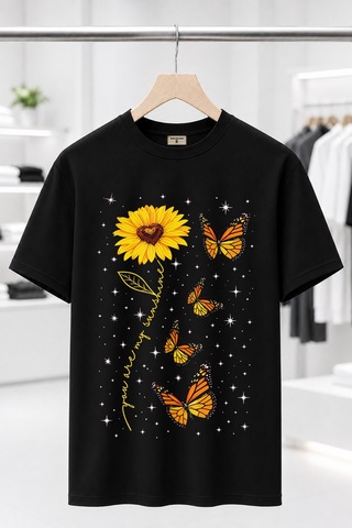 Bayloranzzo Sunflower %100 Pamuk Heavy Cotton Premium Kalite Kadın Tişört Siyah