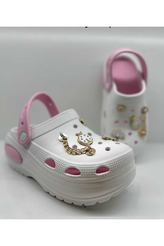 Twingo Taşlı Emojili Kadın Terlik , Sandalet Yüksek Taban Beyaz-pembe