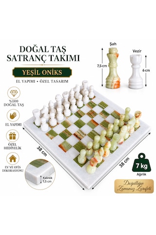 15 İnç Yeşil Oniks Doğal Taş Satranç Takımı 38x38 Cm Premium Özgün Hediye Kutulu