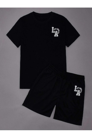 La Los Angeles T-shirt Şort - Siyah Alt Üst Kombin Şort Tişört Takım Baskılı Oversize Bisiklet Yaka Siyah