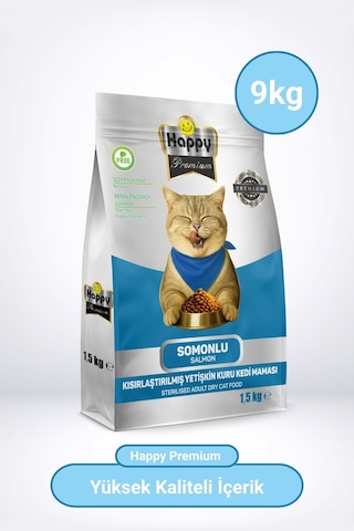 Happy Kısırlaştırılmış Somonlu Kuru Kedi Maması 9 KG