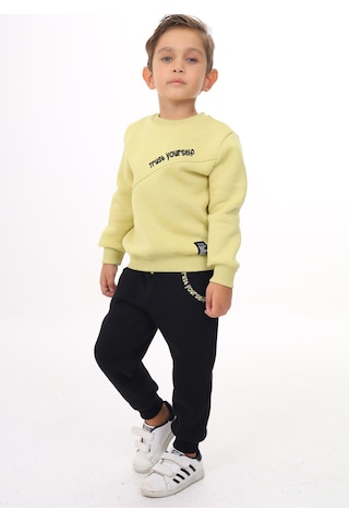 Toontoy Kids Toontoy Erkek Çocuk 2'li Takım Baskılı Bisiklet Yaka Asimetrik Sweatshirt & Beli Paçası Lastikli Cepli Jogger Eşofman Altı Açık Yeşil