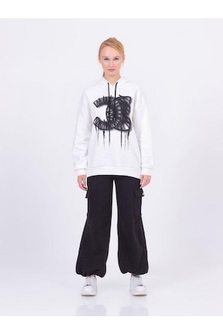Kız Çocuk Pamuklu Kapüşonlu Baskılı Sweatshirt-13425-beyaz Beyaz