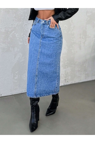 Dema Kadın Mavi Renk Yüksek Bel Pamuklu Bilek Boy Denim Etek