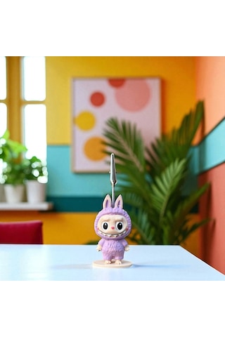 Dekoratif Sevimli Labubu Notluk - Kağıt Tutacağı - Fotoğraf Tutacak Lila