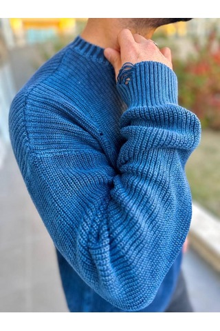 Elku Moda Kazak Triko Oversize Tüylenmez Naturel Pamuk Yırtık Detaylı Lazer Kesim Rahat Kesim Salaş Kazak Lacivert