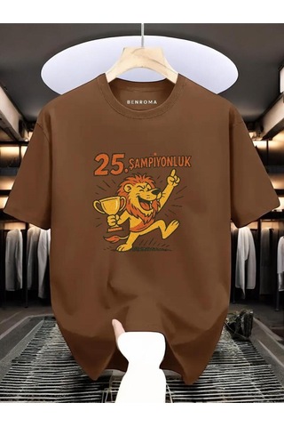 Şampiyonluk Baskılı Unisex Tişört Kahverengi