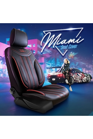 Panda Miami Serisi Deri Oto Koltuk Kılıfı - Siyah - Kırmızı
