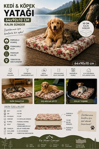 Büyük Irk Köpek Yatağı Süngerli Fermuarlı Yıkanabilir Kılıflı Köpek Minderi 64x90x10 Cm-ingiliz Gülü