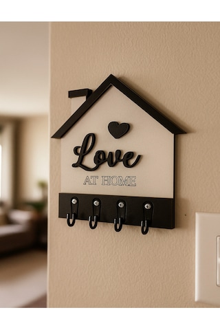 Love Yazılı Ev Şekilli Anahtarlık Askılığı, Anahtar Askılığı Siyah - Beyaz