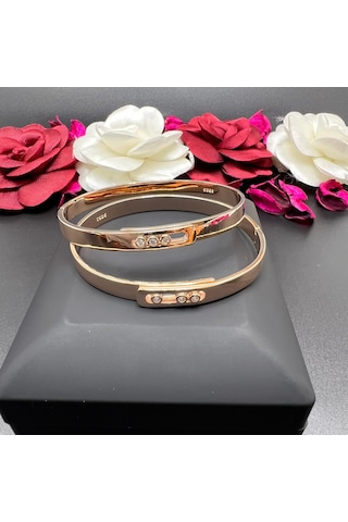 925 Ayar Gümüş Rose Kaplama Zirkon Taşlı Kelepçe Bileklik Modern Kadın Bileklik Gümüş