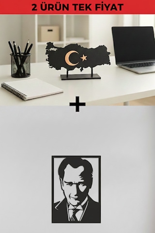 2 Ürün Al Tek Öde Atatürk Portre Ahşap Mdf + Türkiye Haritası