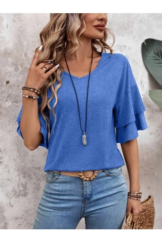 Yeni Sezon Kadın V Yaka Kısa Kollu Viskon Bluz