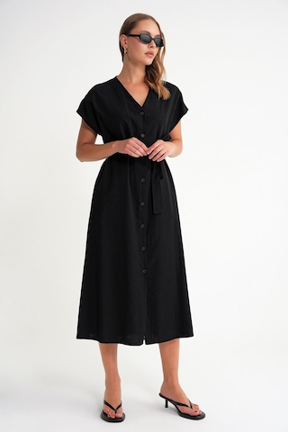 4721 Kadın V Yaka Düğme Detaylı Keten Elbise Siyah Siyah