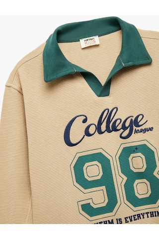 Koton Pamuklu Uzun Kollu Kolej Nakışlı Polo Yaka Sweatshirt Bej 6wkb10151tk Ekru