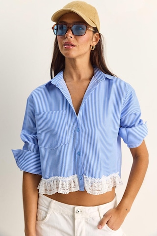 Shade Kadın Dantel Detaylı Çizgili Poplin Crop Gömlek Dg261023 60286099 - Mavi