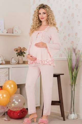 Quilling Bebe Pembe Renkli Dantel Detaylı, 33205 Uzun Kol, 2 Parça Lohusa Hamile Pijama Takımı Açık Pembe