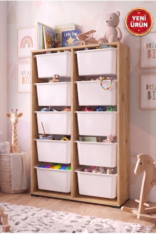 10 Adet Büyük Çekmeceli 136 Cm Safir Meşe Çocuk Odası Oyuncak Dolabı Ve Çok Amaçlı Saklama Ünitesi - Depolayıcı Düzenleyici Organizer