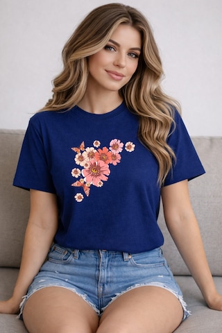 Herkesemoda Pembe Çiçekler Baskı Detaylı Basic T-shirt Lacivert