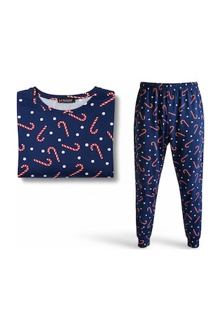Feg Store %100 Pamuk Uzun Kollu Şeker Bastonlu Yılbaşı Temalı Lacivert Kışlık Paçası Lastikli Pijama Takımı