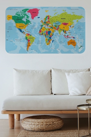 Türkçe Eğitici Ülke Ve Başkent Okyanus Detaylı Atlası Dünya Haritası Duvar Sticker -85x130-3870 Çok Renkli