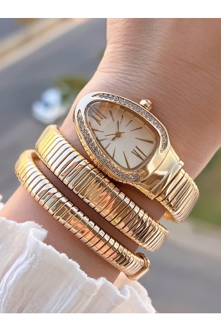 Coliseum Dolamalı Yılan Model Özel Tasarım Vintage Seri Kadın Kol Saati Cl.y001.m6 Sarı