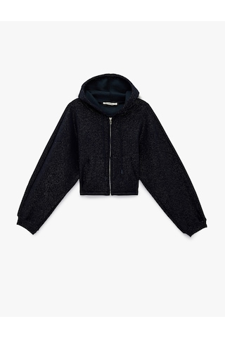 Koton Şardonlu Balon Kol Simli Kanguru Cepli Kapüşonlu Fermuarlı Oversize Sweatshirt Lacivert 6sal10620ık Lacivert