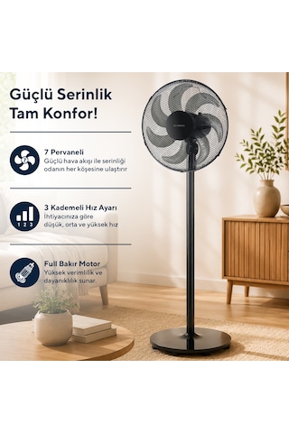 Kumtel Ktf-760 Siyah 16 İnç Ayaklı Vantilatör 50 W,7 Pervaneli,3 Kademeli, 130 Cm Yükseklik