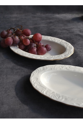 2'li Gold Yaldızlı Porselen Kayık Tabak 12x19 Cm Sunum Tabağı Orta Boy Beyaz