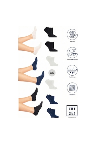 Saysez Bambu Kadın Sneaker Siyah-beyaz-laci. Çorap Dikişsiz Görünmez Bilekte Spor Çorap Premium 6'lı Paket Lacivert