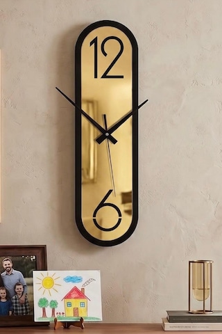 Dekoratif Ahşap Dikey Duvar Saati Modern Minimalist Sessiz Mekanizmalı Salon Ofis 18x50cm Altın