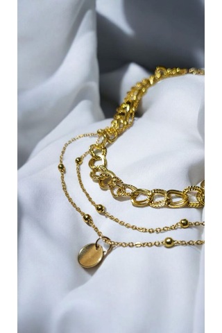 Altın Renk Üç Katlı Zincir Kolye Kalın Choker & İnce Zincir & M Gold
