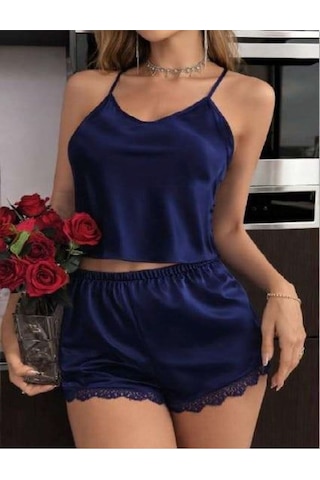 Bi Cool Lacivert İnce Askılı Dantel İşlemeli Saten Şortlu Takım Lacivert