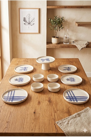 Blue Gift 6 Kişilik 11 Parça Seramik Kahvaltı Takımı Mavi Desenli Modern Sunum & Pasta Tabağı Seti Beyaz