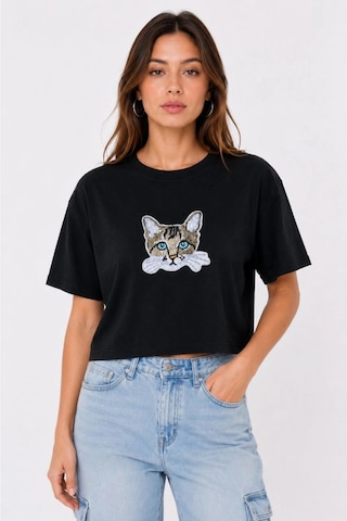 Wear Vexel Kadın Kedi Baskılı Oversize Crop Tişört Salaş Basic Yarım Kol T-shirt - Siyah Mavi