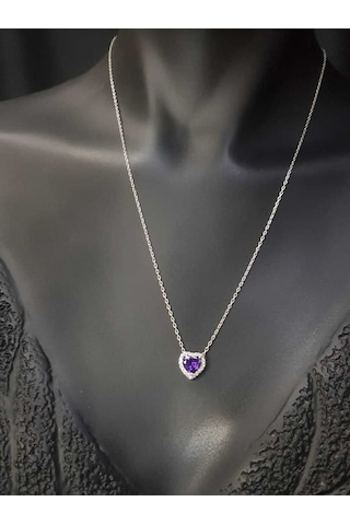 Vog Swarovski Taşlı S Model Ametis Kalp Taş Detay Gümüş Sevgiliye,arkadaşa Kolye