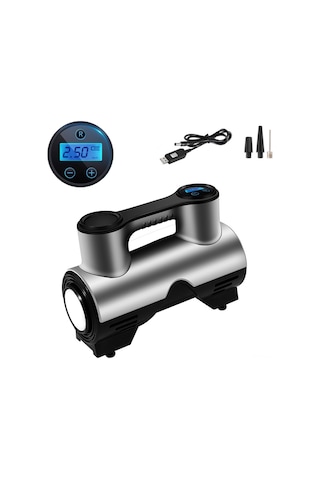 Reedark Araç Lastik Hisseli Şarjlı Hava Pompası, Otomatik Doldurma, Led Işık, 3 Uç, Ev/araç Kullanıma Uygun, St-211 Gümüş+siyah